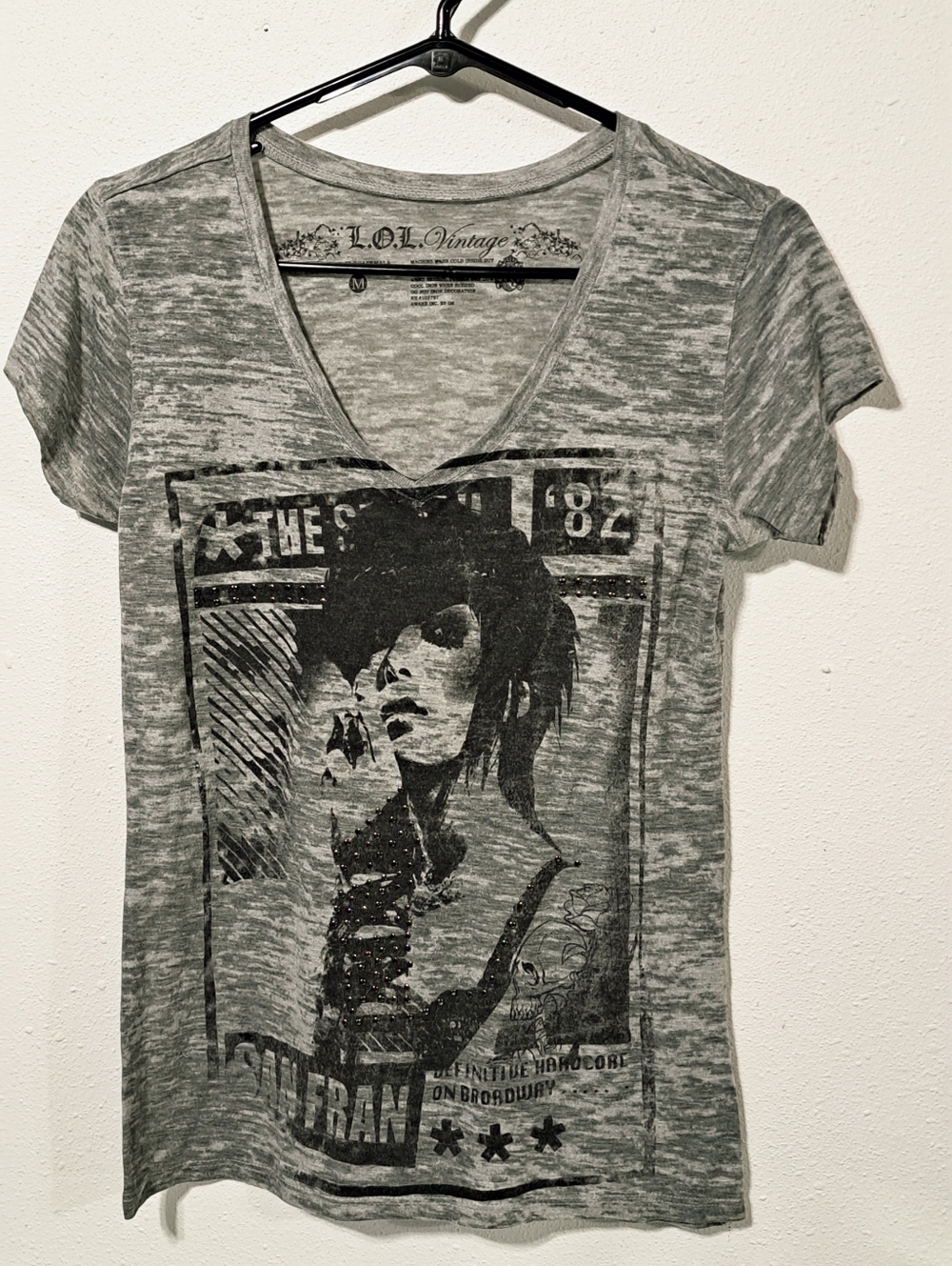 L.O.L. Vintage Gray Burnout V-Neck Tee with Black Graphic "Joan Jett"